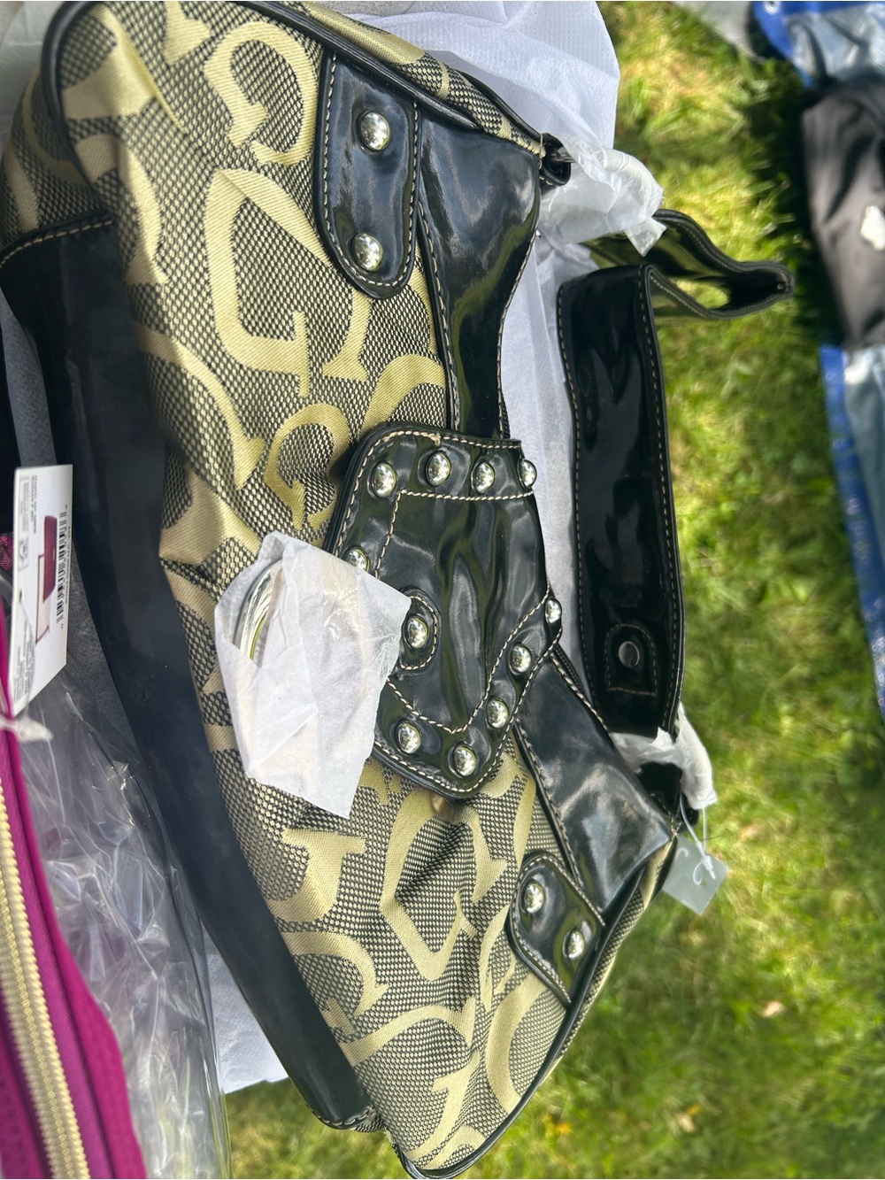 Women’s Patterned Tote Bag with Black Patent Trim